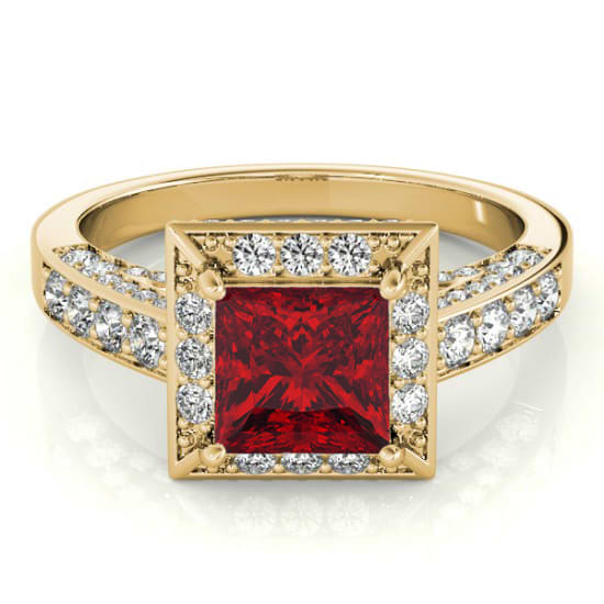 Princess Ruby & Diamond Engagement Ring 14K Yellow Gold (2.20ct)