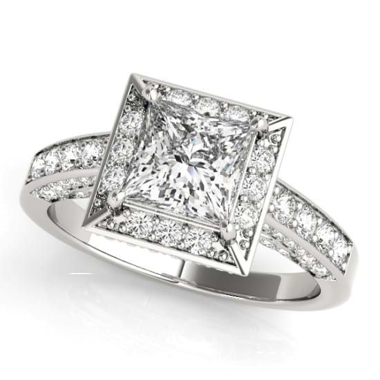 Princess Cut Diamond Halo Engagement Ring 18K White Gold (1.14ct)