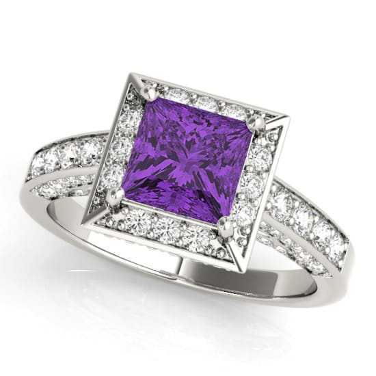 Princess Amethyst & Diamond Engagement Ring 18K White Gold (1.20ct)