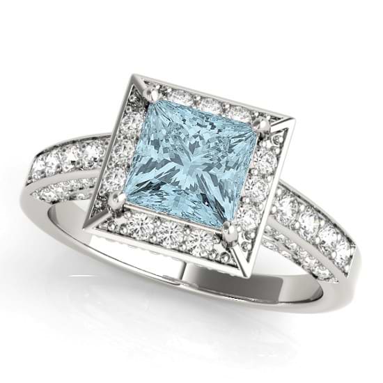 Princess Aquamarine & Diamond Engagement Ring 18K White Gold (1.20ct)
