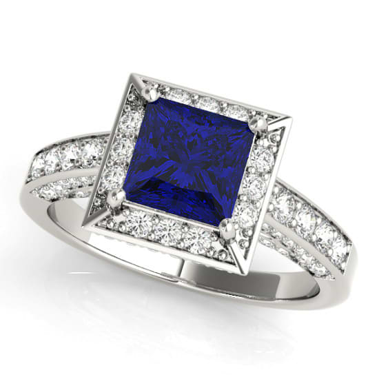 Princess Blue Sapphire & Diamond Engagement Ring 18K White Gold (1.20ct)
