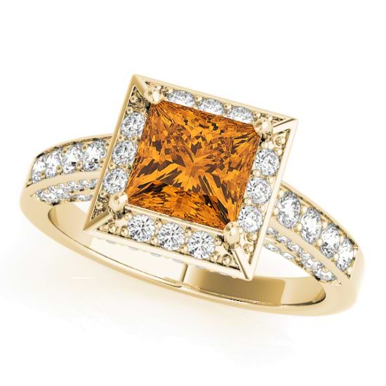 Princess Citrine & Diamond Engagement Ring 18K Yellow Gold (1.20ct)
