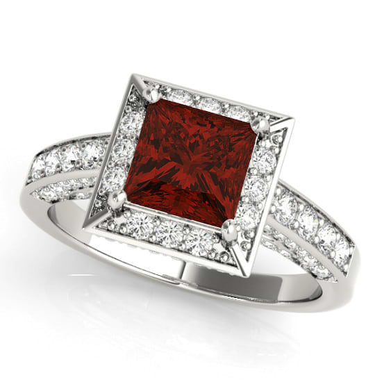 Princess Garnet & Diamond Engagement Ring 14K White Gold (1.20ct)