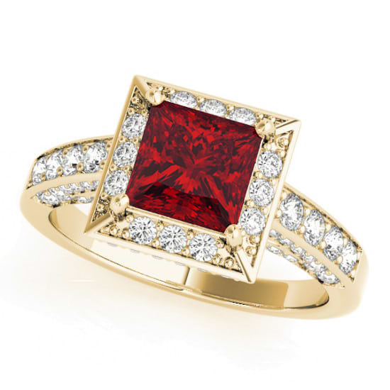 Princess Ruby & Diamond Engagement Ring 18K Yellow Gold (1.20ct)