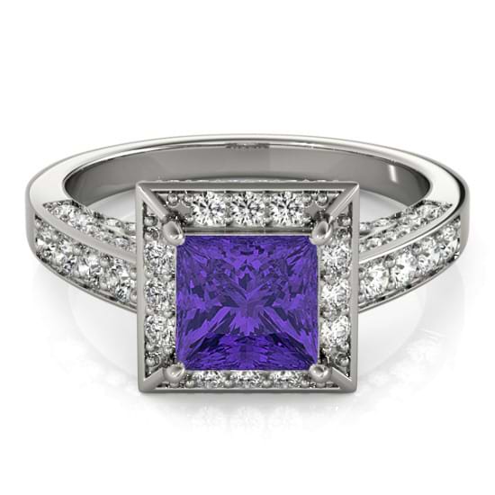 Princess Tanzanite & Diamond Engagement Ring 14K White Gold (1.20ct)