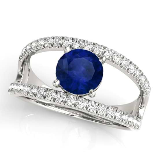 Blue Sapphire Split Shank Engagement Ring 18K White Gold (0.84ct)