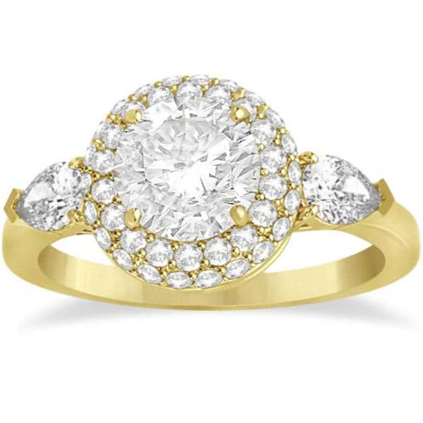 Pear Cut Side Stones & Diamond Halo Engagement Ring 14k Y. Gold 0.75ct