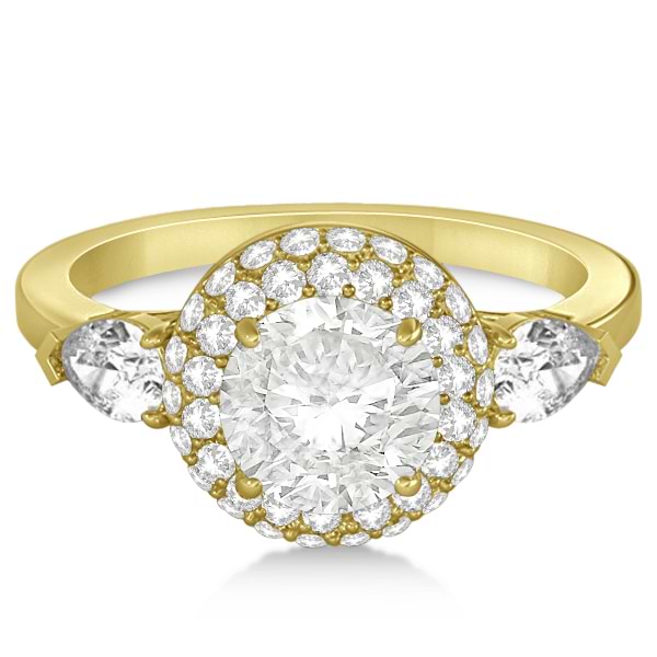 Pear Cut Side Stones & Diamond Halo Engagement Ring 14k Y. Gold 0.75ct