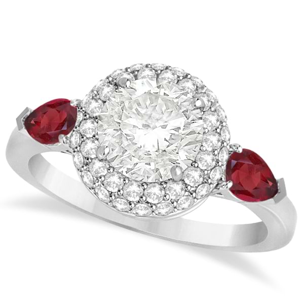 Pear Shape Ruby & Round Diamond Halo Engagement Ring 14k W Gold 1.70ct