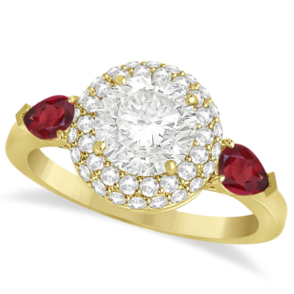 Pear Shape Ruby & Round Diamond Halo Engagement Ring 14k Y Gold 1.70ct