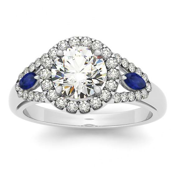Diamond & Marquise Blue Sapphire Engagement Ring Platinum (0.59ct)