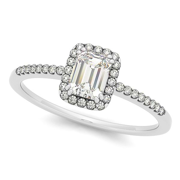 Emerald Cut Diamond Halo Engagement Ring w/ Accents 14k W. Gold 1.20ct