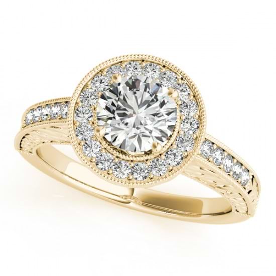 Diamond Halo Antique Style Design Engagement Ring 18k Yellow Gold (1.08ct)