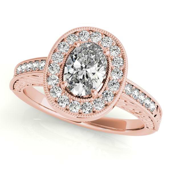 Antique Style Oval Diamond Halo Engagement Ring 14k Rose Gold 1.50ct