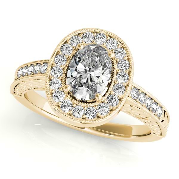 Antique Style Oval Diamond Halo Engagement Ring 14k Yellow Gold 1.50ct