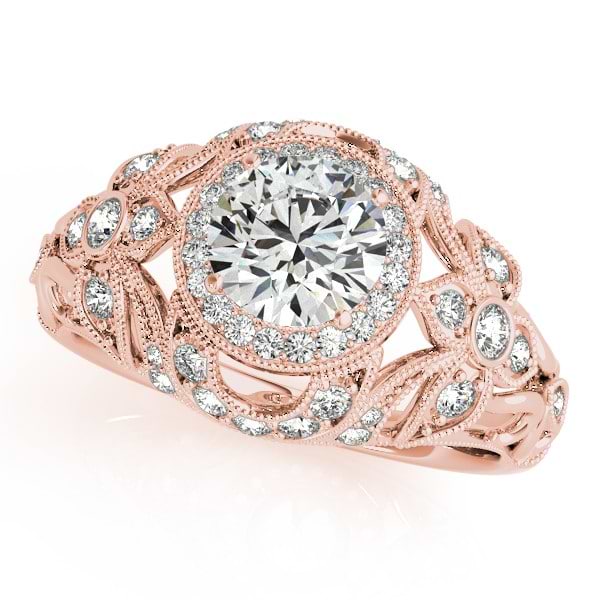 Edwardian Diamond Halo Engagement Ring Floral 18k Rose Gold 1.18ct