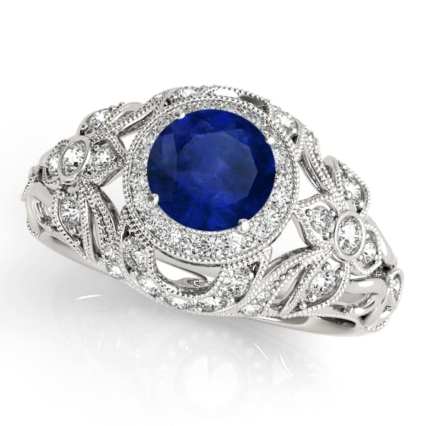 Edwardian Blue Sapphire & Diamond Halo Engagement Ring 14k W Gold (1.18ct)