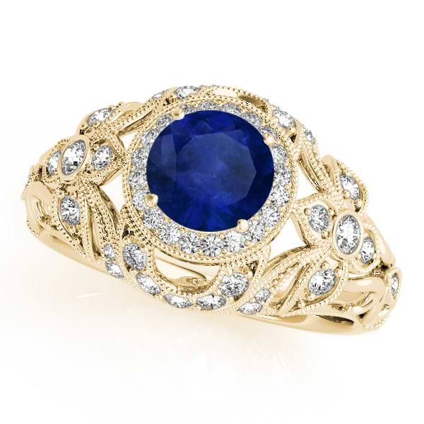 Edwardian Blue Sapphire & Diamond Halo Engagement Ring 14k Y Gold (1.18ct)