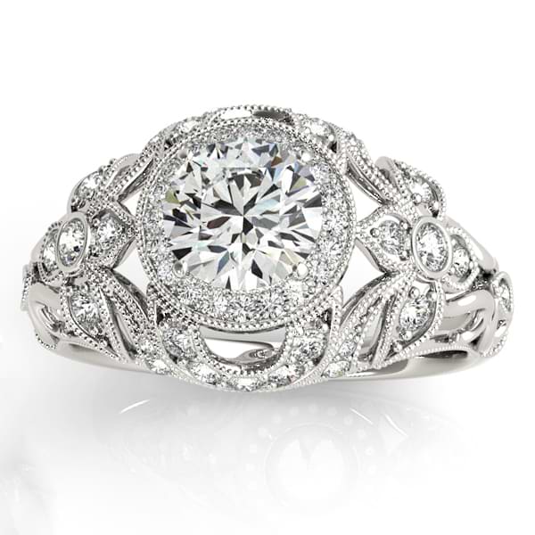 Edwardian Diamond Halo Engagement Ring Floral 18k White Gold (0.38ct)