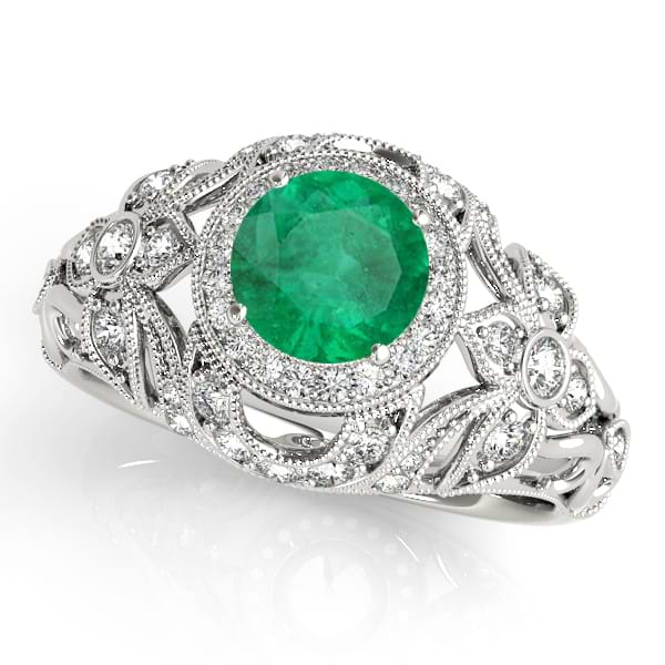 Edwardian Emerald & Diamond Halo Engagement Ring 18k W Gold (1.18ct)