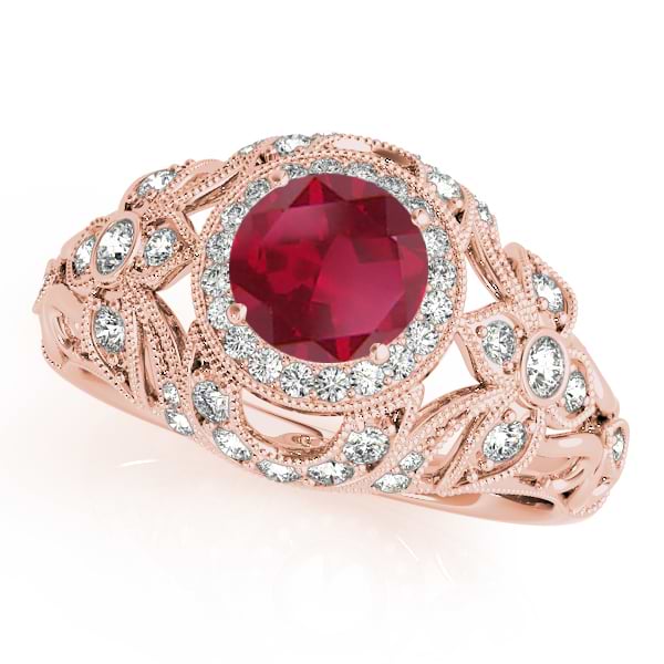 Edwardian Ruby & Diamond Halo Engagement Ring 14k R Gold (1.18ct)