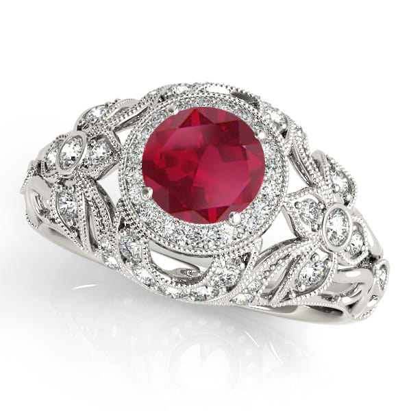 Edwardian Ruby & Diamond Halo Engagement Ring 14k W Gold (1.18ct)