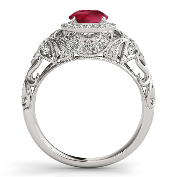 Edwardian Ruby & Diamond Halo Engagement Ring 14k W Gold (1.18ct)