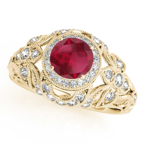 Edwardian Ruby & Diamond Halo Engagement Ring 18k Y Gold (1.18ct)