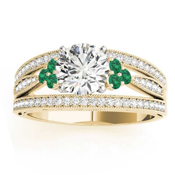 Diamond & Emerald Three Row Engagement Ring 14k Yellow Gold (0.42ct)