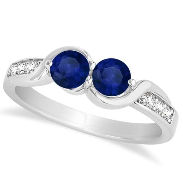 Blue Sapphire Diamond Accented Twisted Two Stone Ring 14k White Gold (1.13ct)