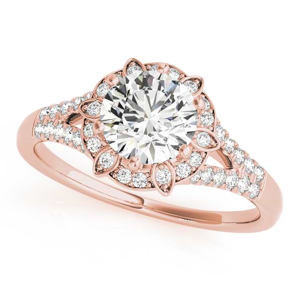 Diamond Halo Floral Split Shank Engagement Ring 14k Rose Gold (0.96ct)