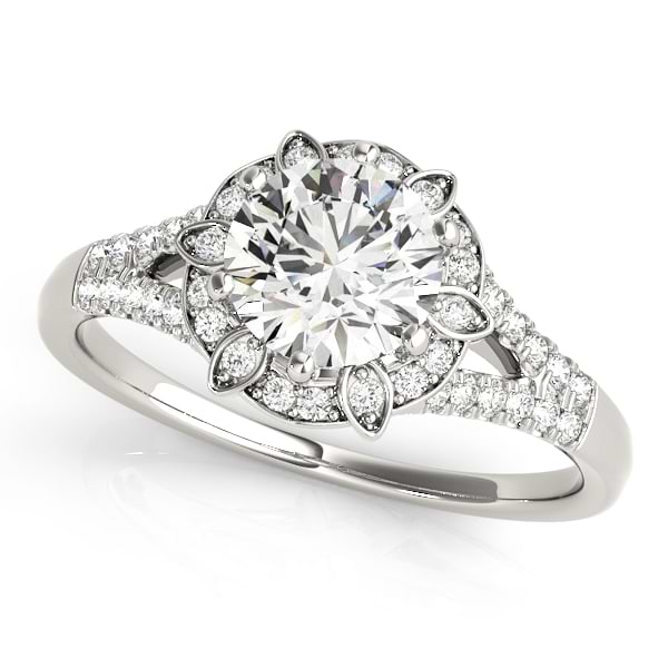 Diamond Halo Floral Split Shank Engagement Ring Platinum (0.96ct)