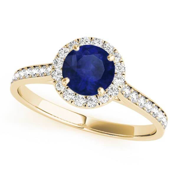 Diamond Halo Blue Sapphire Engagement Ring 14k Yellow Gold (1.29ct)
