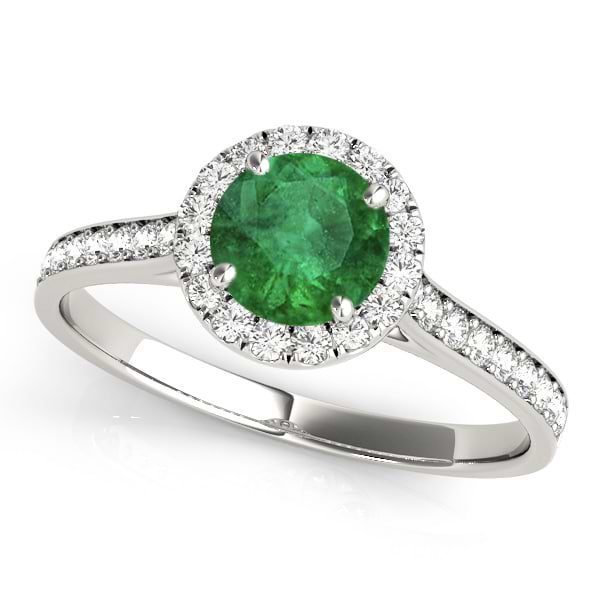 Diamond Halo Emerald Engagement Ring 14k White Gold (1.29ct)