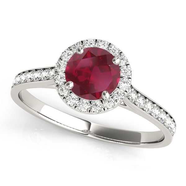 Diamond Halo Ruby Engagement Ring 14k White Gold (1.29ct)
