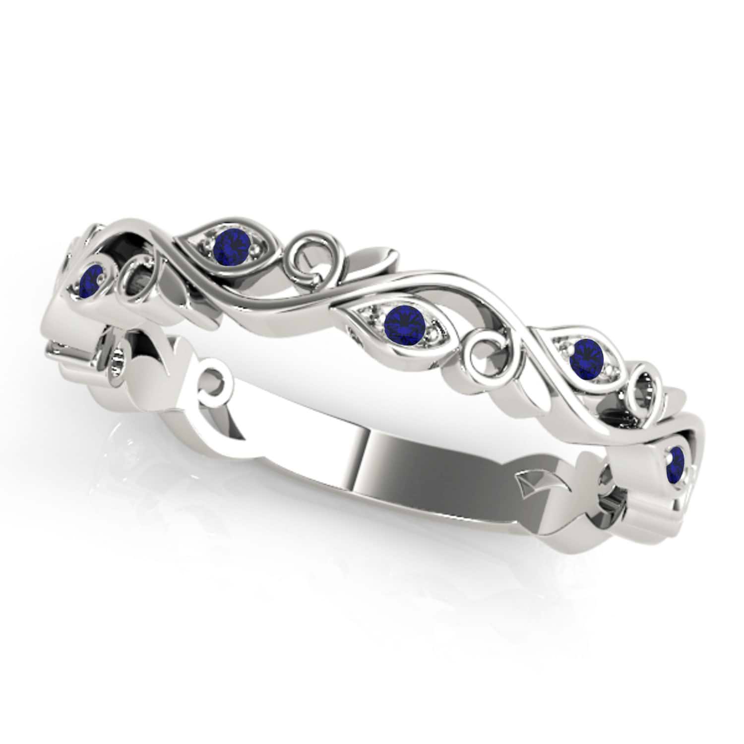 Blue Sapphire Leaf Fashion Ring Wedding Band 14k White Gold (0.05ct)