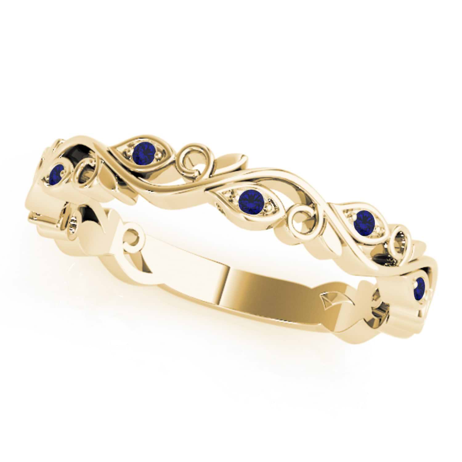 Blue Sapphire Leaf Fashion Ring Wedding Band 14k Yellow Gold (0.05ct)
