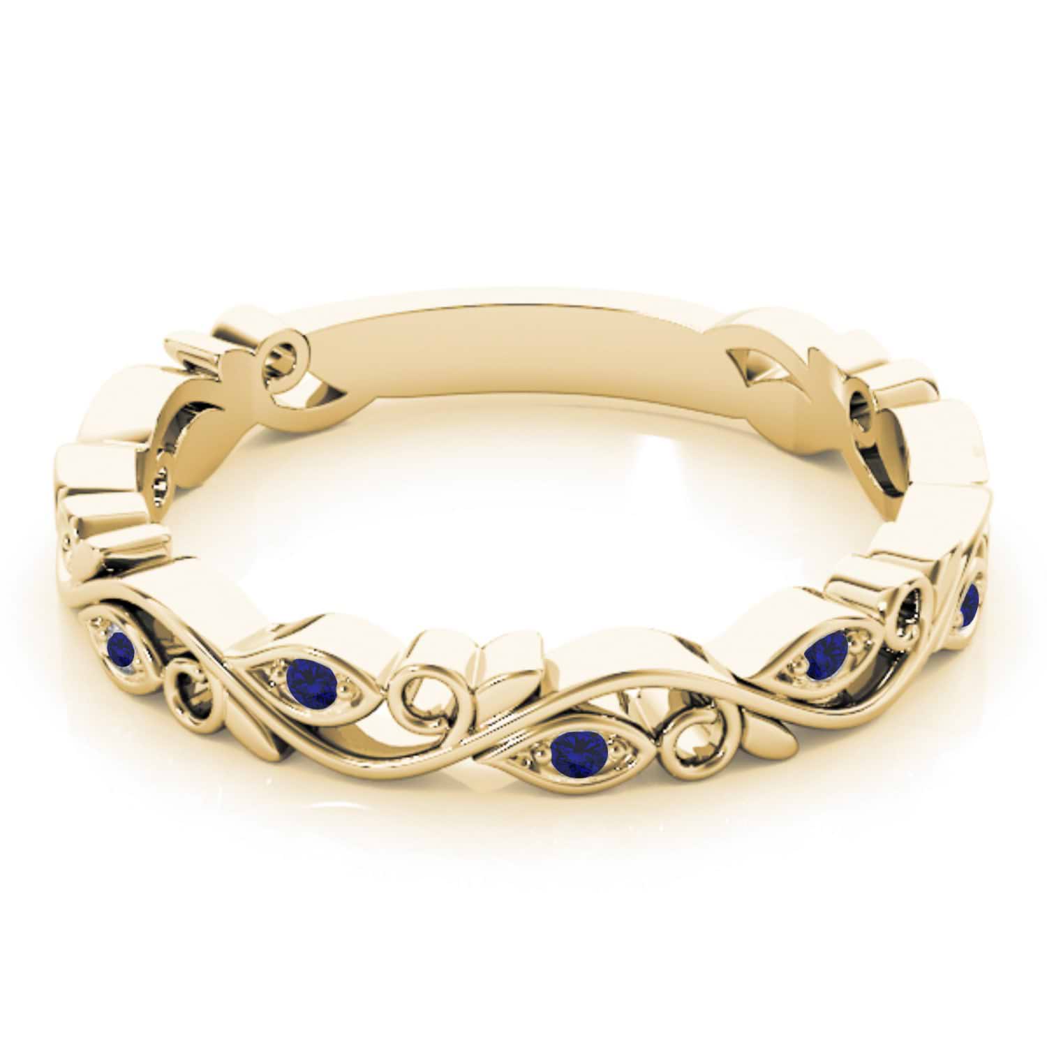 Blue Sapphire Leaf Fashion Ring Wedding Band 14k Yellow Gold (0.05ct)