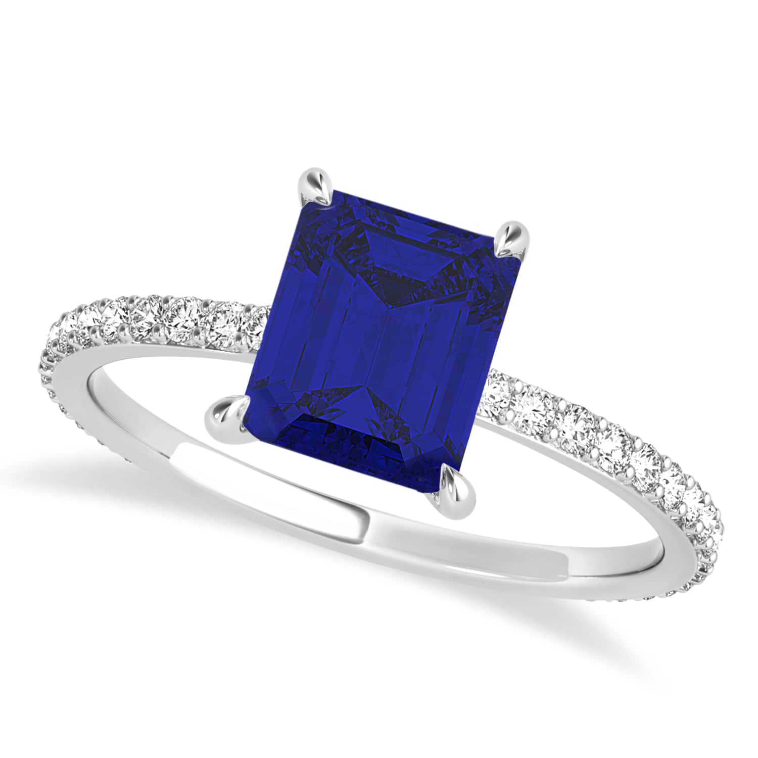 Emerald Blue Sapphire & Diamond Hidden Halo Engagement Ring 14k White Gold (2.93ct)