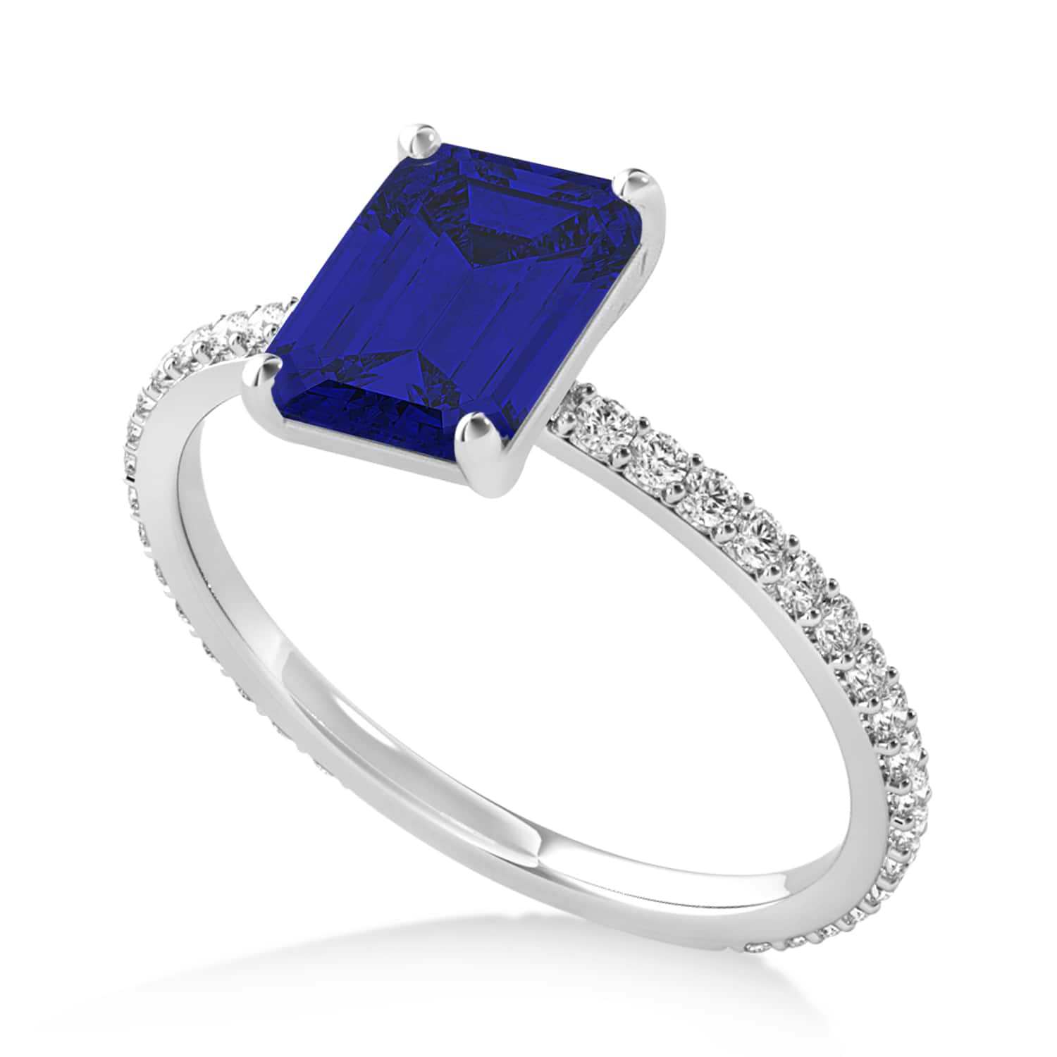 Emerald Blue Sapphire & Diamond Hidden Halo Engagement Ring 14k White Gold (2.93ct)