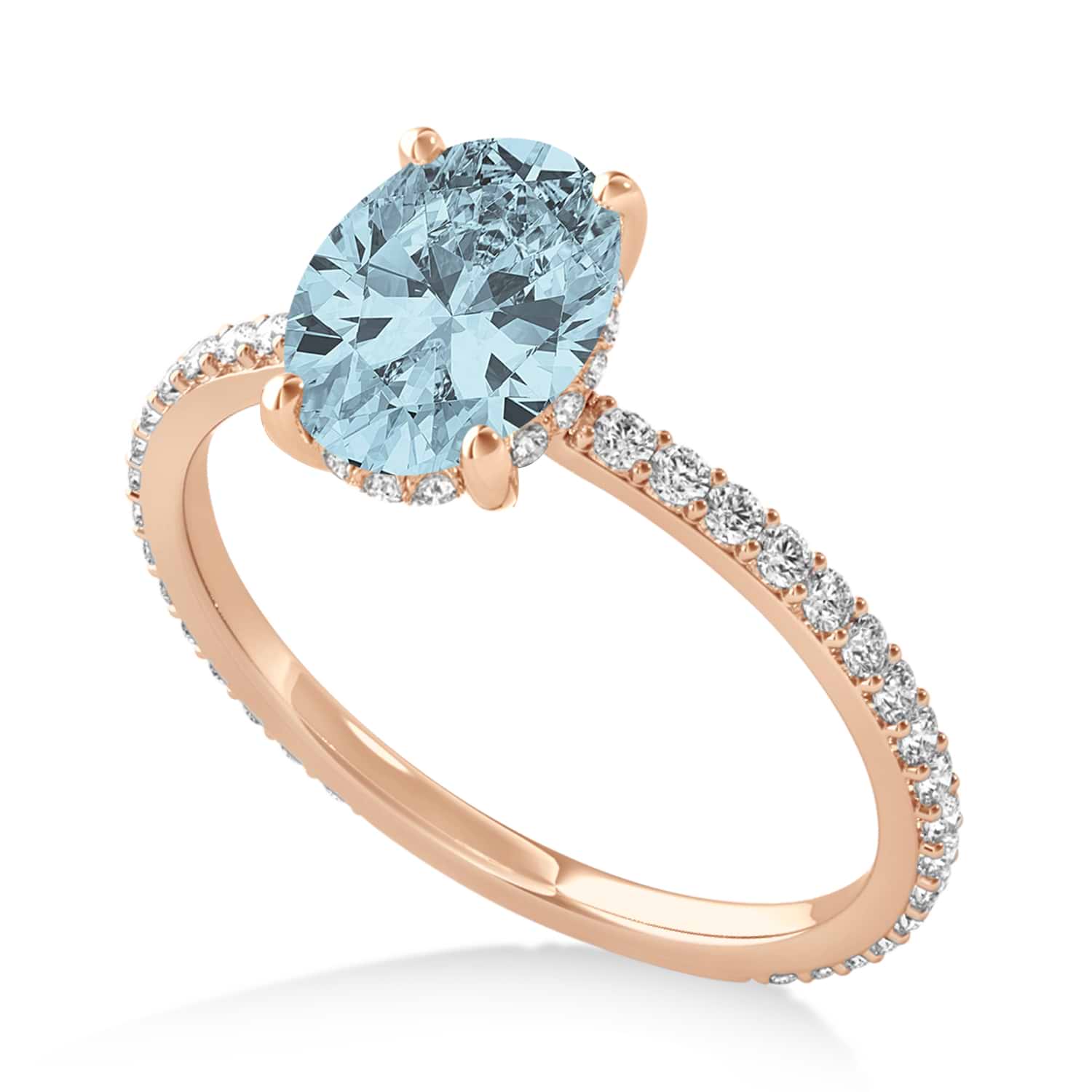 Oval Aquamarine & Diamond Hidden Halo Engagement Ring 14k Rose Gold (0.76ct)