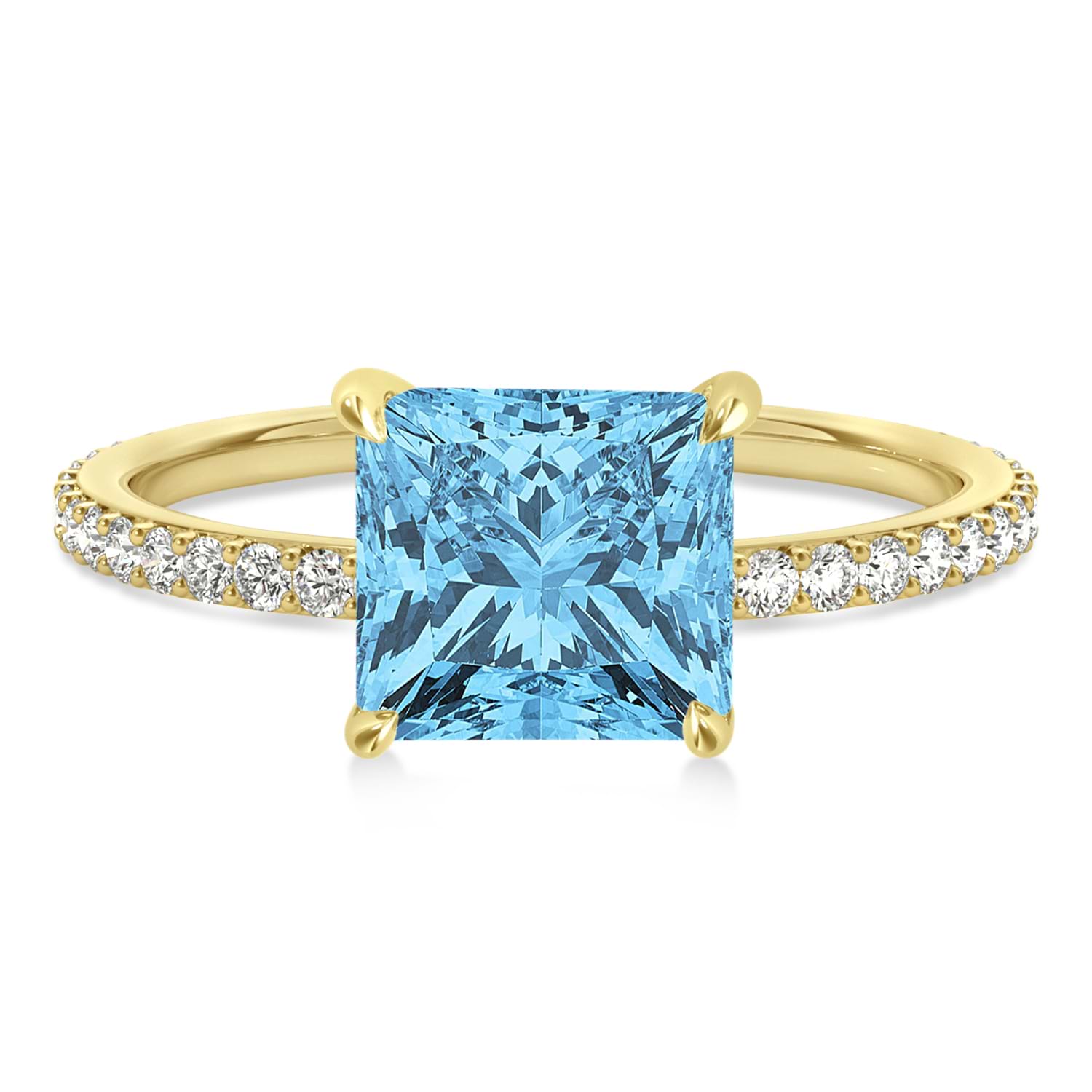 Princess Blue Topaz & Diamond Hidden Halo Engagement Ring 18k Yellow Gold (0.89ct)