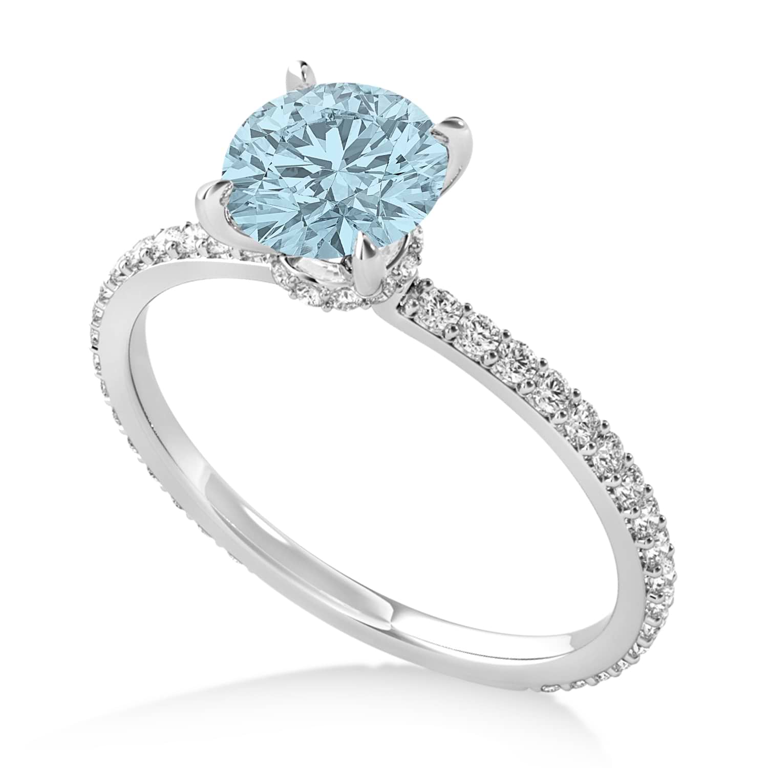 Round Aquamarine & Diamond Hidden Halo Engagement Ring 14k White Gold (1.68ct)