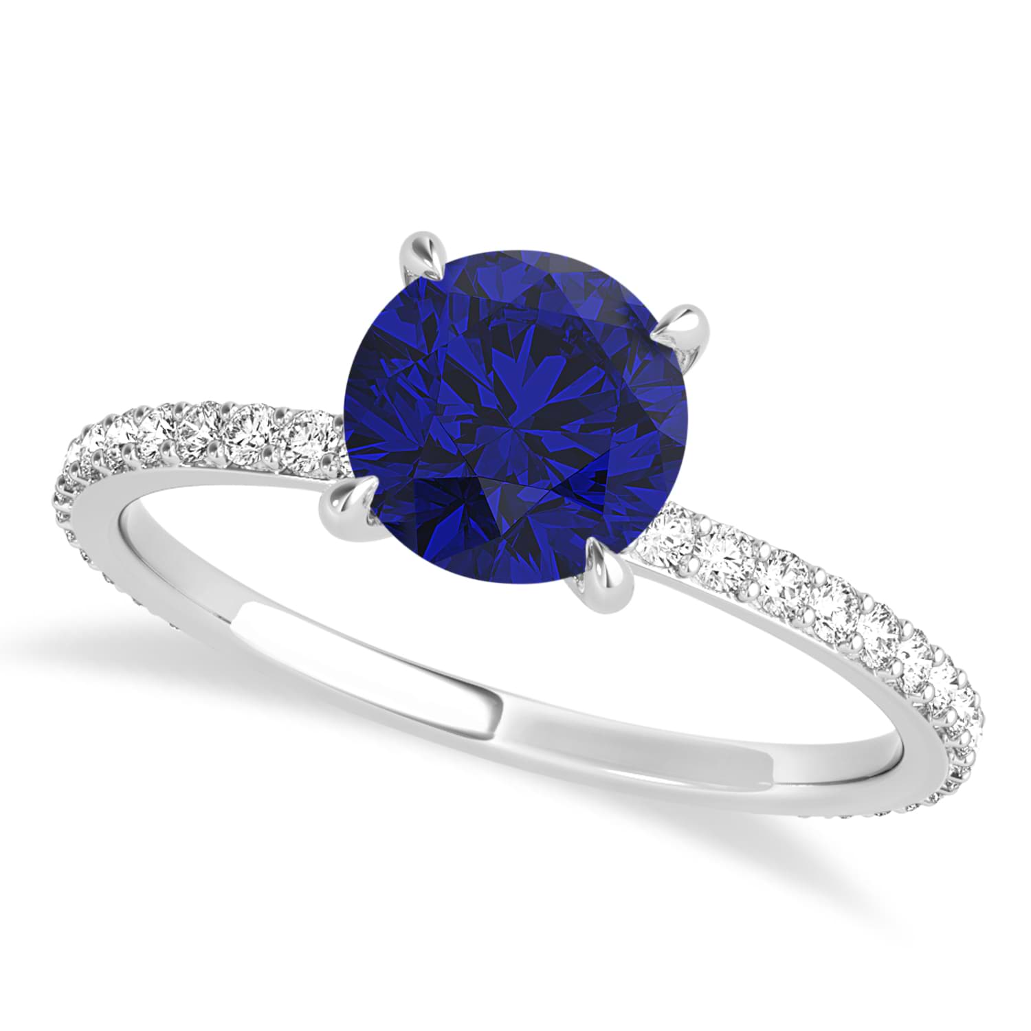 Round Blue Sapphire & Diamond Hidden Halo Engagement Ring 14k White Gold (1.68ct)