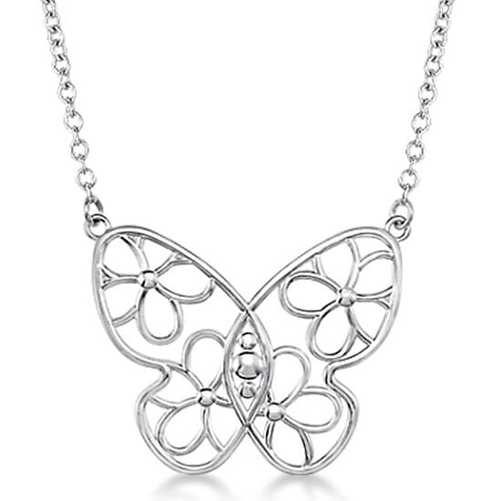 Floral Design Butterfly Pendant Necklace 14k White Gold