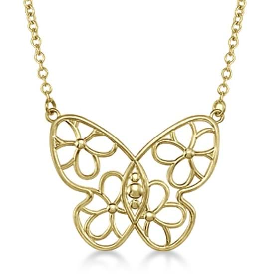 Floral Design Butterfly Pendant Necklace 14 Yellow Gold