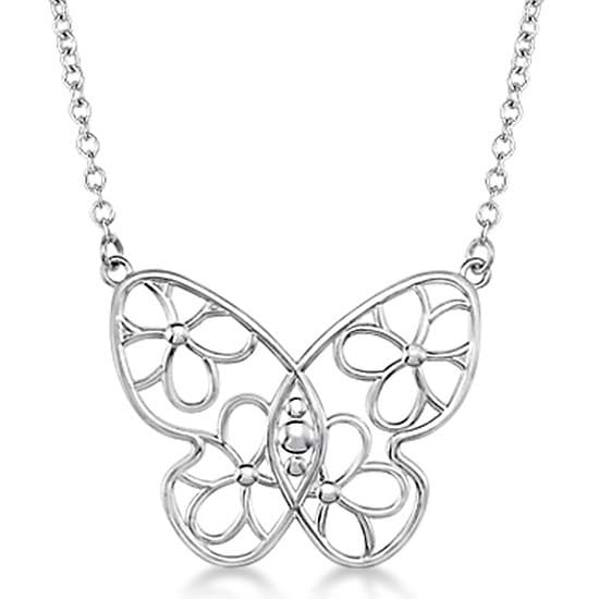 Floral Design Butterfly Pendant Necklace Sterling Silver