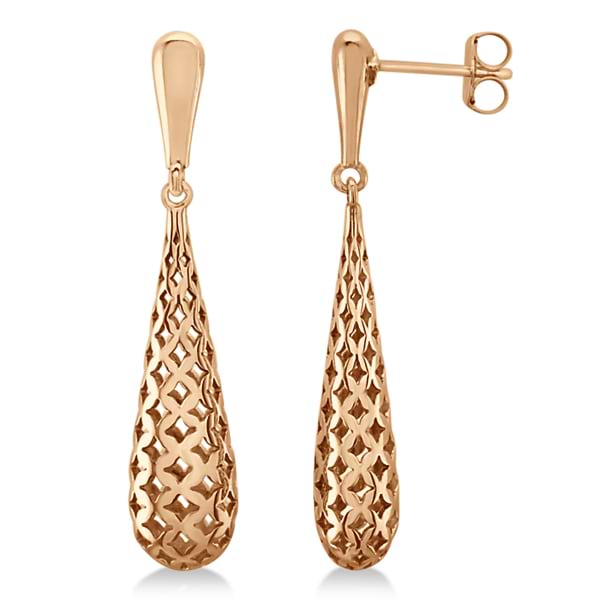 Pierced Style Teardrop Dangle Earrings in Plain Metal 14k Rose Gold
