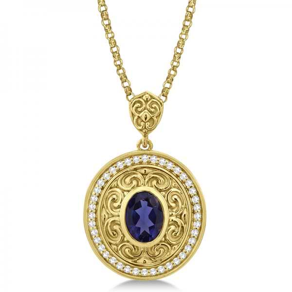 Vintage Diamond Iolite Pendant Necklace in 14k Yellow Gold (1.75ct)