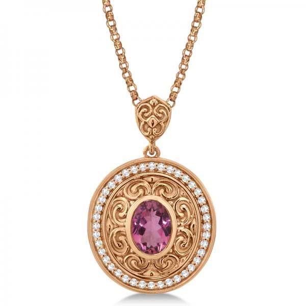 Vintage Diamond Pink Tourmaline Pendant Necklace 14k Rose Gold (1.75ct)